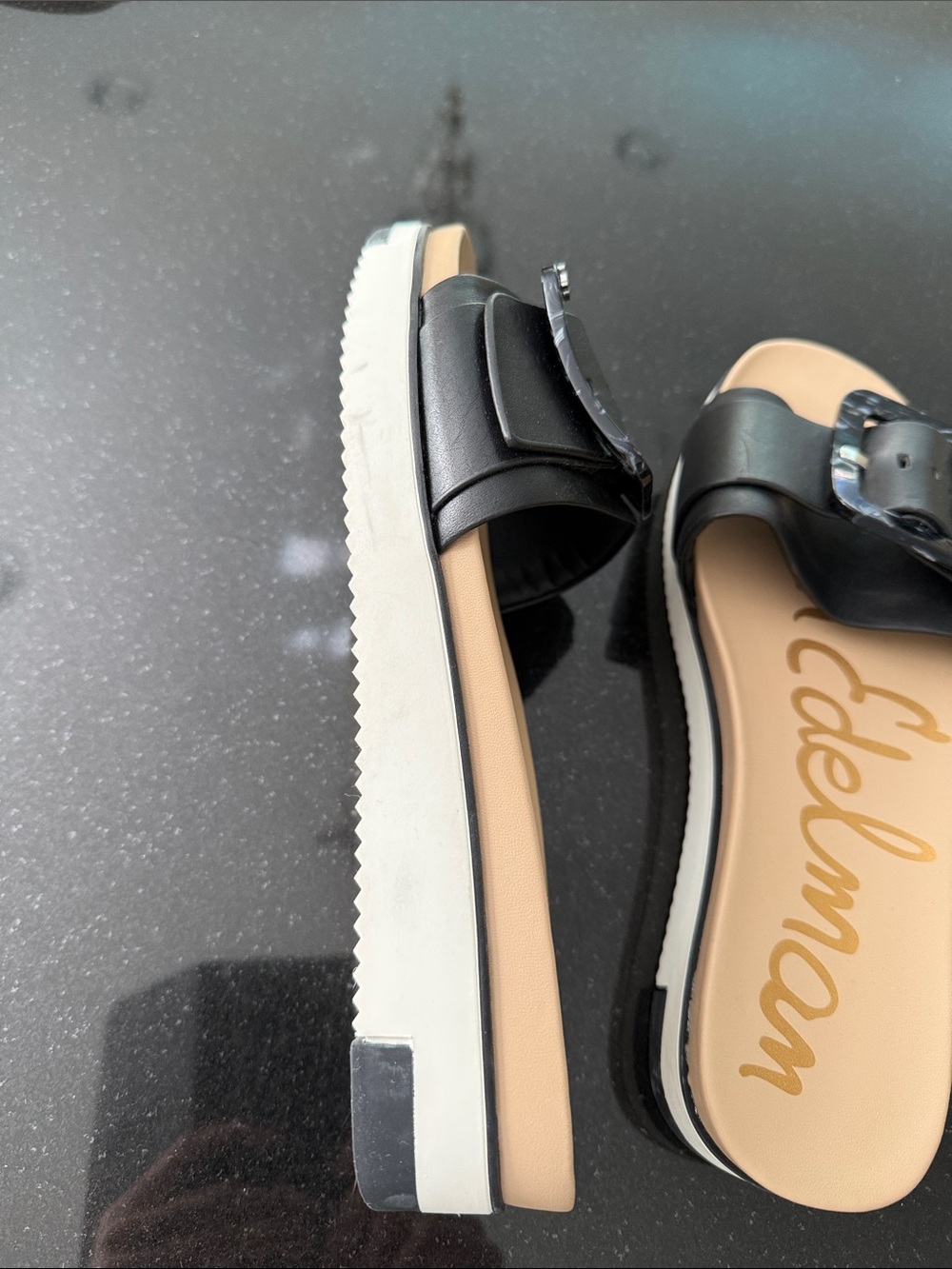 Sam Edelman Black Buckle Slide Sandals with Tortoiseshell Accent - Picture 2 of 4
